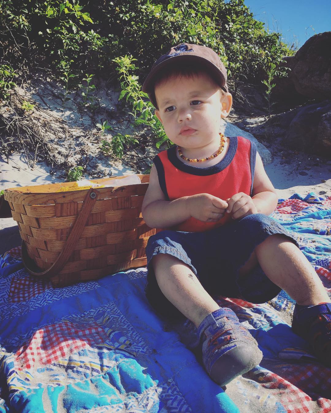 Cool is... picnicking at the beach with your best bud and using your great grandparents picnic basket and your great great grandmothers quilt